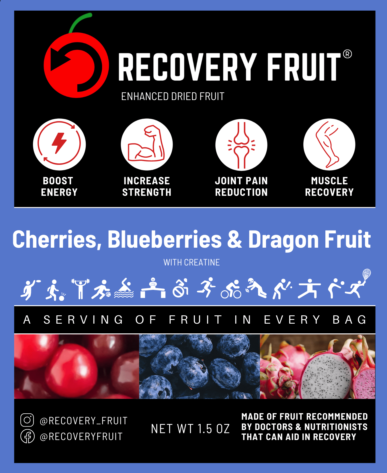 Blue label for dried cherries, blueberries, and dragon fruit. Recovery fruit for energy, increased strength, joint pain reduction, and muscle recovery