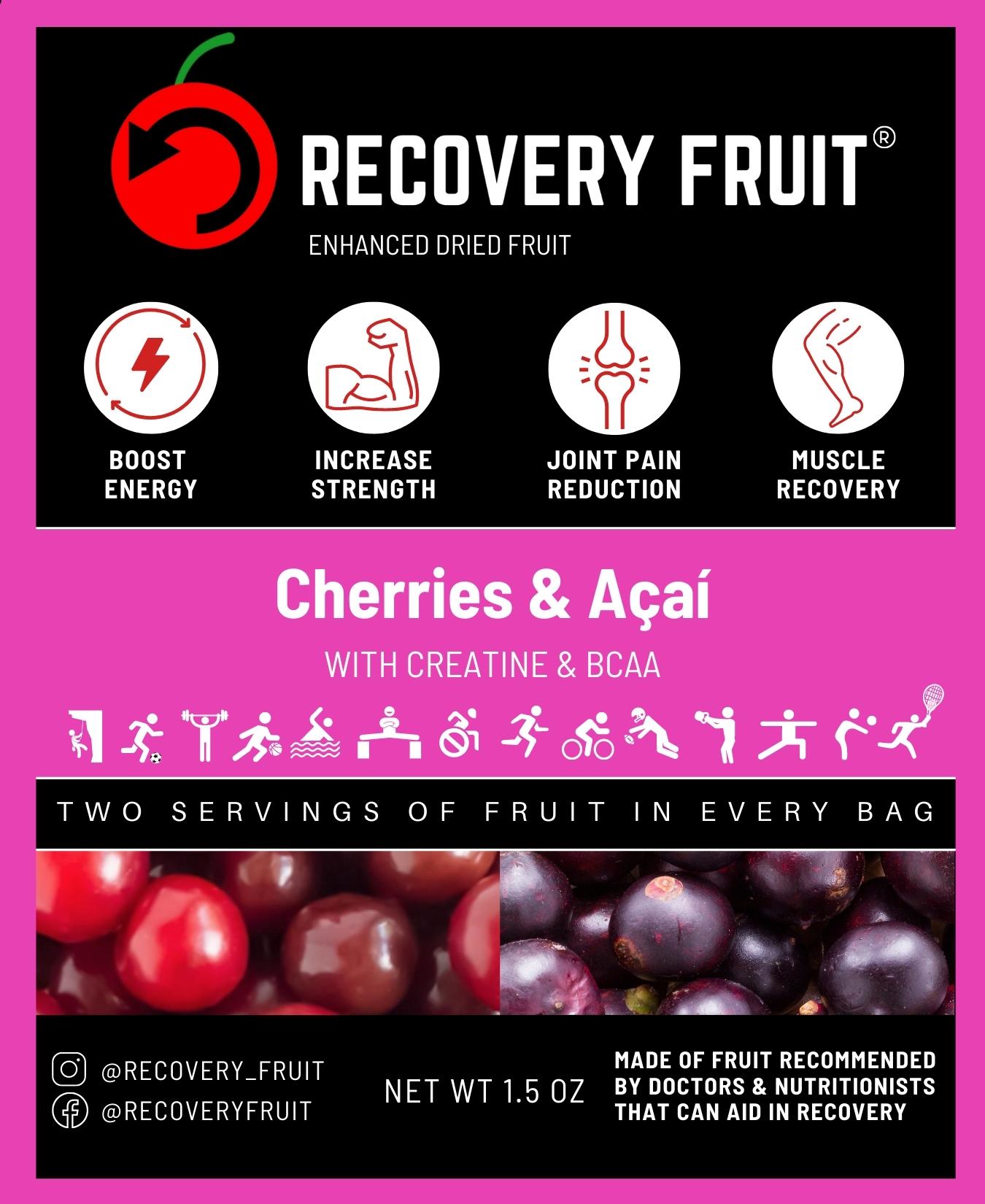 Pink label for Cherries and Acai Recovery Fruit